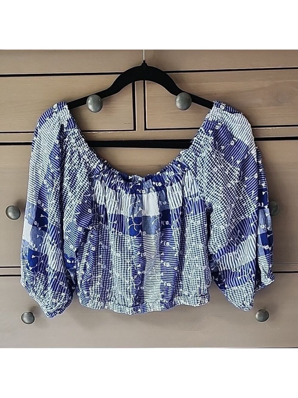 Forever 21 Blue And White Off Shoulder Cropped Top With Puff Sleeve